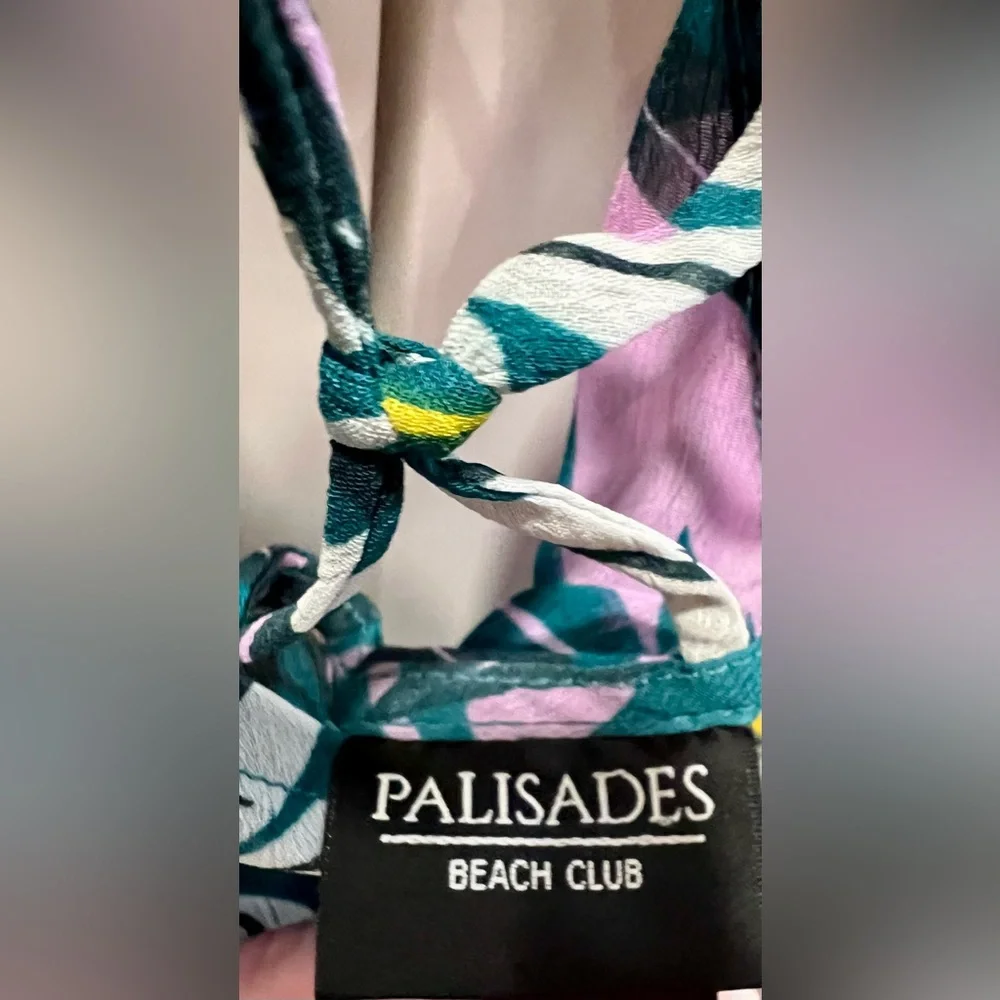 Women’s M/L. Swim Cover-Up — Tropical Leaves Print, Teal Multicolor, shear.  B6